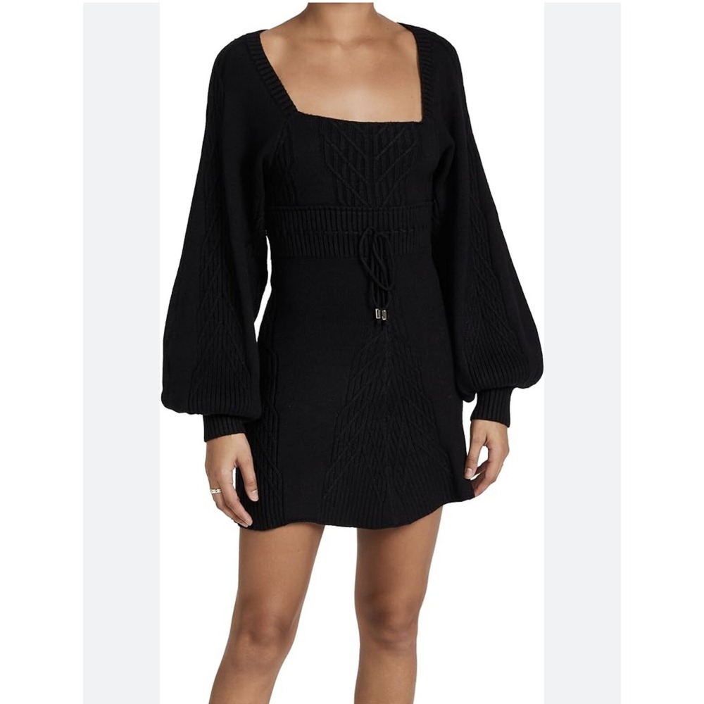 Free People Women's Emmaline Mini Balloon Sleeve Black Sweater Dress Sz‎ L